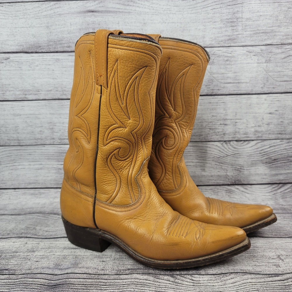 Acme Women's Vintage Tan Leather Cowboy Western Boots Flame Stitched USA